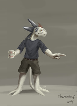 3_fingers anthro belt belt_buckle black_clothing black_shirt black_topwear bottomwear buckle clothed clothing container cup eyewear fingers gesture glasses green_bottomwear green_clothing green_shorts grey_background hand_gesture head_crest holding_container holding_cup holding_mug holding_object looking_forward machine male mug pointing shirt shorts simple_background solo standing tail text topwear white_body yellow_eyes themefinland living_machine 2016 digital_media_(artwork) english_text signature