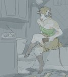 anthro bathroom bathtub biped blue_eyes boots_(marking) bottomless breasts clothed clothing cloven_hooves electronics facial_piercing female fur hooves horn nose_piercing nose_ring personal_grooming piercing radio ring_piercing shearing sitting sketch_background solo toilet wool_(fur) priscillasheep bovid caprine mammal sheep 2020 hi_res sketch