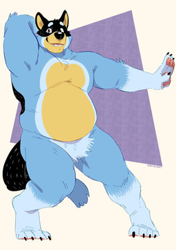 abstract_background anthro belly belly_overhang biceps border claws dancing digitigrade eyebrows featureless_crotch fur hand_behind_head looking_at_viewer male musclegut muscular muscular_anthro muscular_male overweight overweight_anthro overweight_male pawpads pecs simple_background smile solo standing teeth thick_arms thick_thighs tuft white_border bennycartoonist bluey_(series) bandit_heeler australian_cattle_dog canid canine canis cattledog domestic_dog herding_dog mammal pastoral_dog 2025 absurd_res hi_res