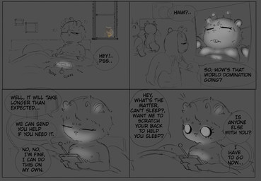 after_sex antennae_(anatomy) anthro bed bedroom breasts buckteeth dialogue eyeliner eyes_closed female furniture group hair long_hair makeup male male/female messy_hair nipples on_bed one_eye_closed sleeping small_breasts speech_bubble teeth text texting tired video_call wake_up_sex waking_up white_eyes mamasoyanini human mammal rodent sciurid tree_squirrel comic english_text greyscale hi_res monochrome sketch