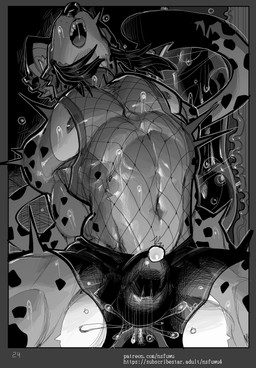 anal anal_fluids anal_penetration anthro bodily_fluids clothed clothing dripping duo fishnet_clothing fishnet_topwear forced forced_anal genital_fluids leaking_precum male male/male nipples partially_clothed partially_clothed_anthro partially_clothed_male penetration precum precum_drip precum_through_bottomwear precum_through_clothing precum_through_shorts spots sweat sweaty_body tail topwear wet wet_clothing nsfuwu4 brick_(nsfuwu4) hyena mammal monster 2025 absurd_res black_and_white comic hi_res monochrome