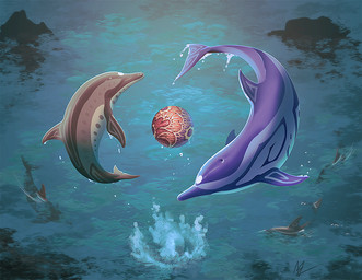 ambiguous_gender ball blowhole blue_body blue_fin blue_stripes blue_tail breaching dolphin_tail duo feral grey_body grey_fin splash stripes tail the7thsea aquatic cetacean dolphin mammal toothed_whale 2023
