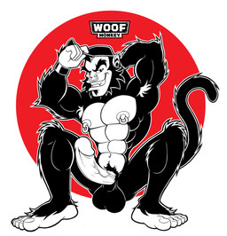 5_fingers 5_toes abs anthro armpit_hair balls baseball_cap biceps big_balls big_nipples big_penis black_balls body_hair clothing crouching ear_piercing erection facial_piercing fangs feet fingers genitals grin hat headgear headwear humanoid_genitalia humanoid_penis male muscular muscular_anthro muscular_male navel nipple_piercing nipples nose_piercing nose_ring pecs penis piercing pose presenting ring_piercing septum_piercing sideways_baseball_cap simple_background smile solo teeth text toes vein anti_dev woof_monkey haplorhine mammal monkey primate 2013 hi_res restricted_palette