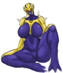 big_breasts breasts featureless_breasts featureless_crotch female huge_breasts looking_at_viewer navel purple_body red_eyes sharp_teeth simple_background sitting smile solo spread_legs spreading teeth thick_thighs white_background wide_hips yellow_body hxveuseenmypen doom_(series) id_software microsoft humanoid imp_(doom) absurd_res hi_res