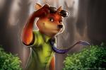 anthro brown_body brown_fur clothing countershading day eyewear fur gloves_(marking) group holding_eyewear holding_object looking_aside looking_at_viewer male markings necktie outside plant shirt shrub smile solo_focus sunglasses topwear 7theaven disney zootopia nick_wilde canid canine fox mammal red_fox true_fox