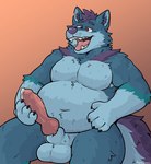 animal_genitalia animal_penis anthro belly biceps big_belly big_muscles blue_body blue_fur bodily_fluids body_hair canine_genitalia canine_penis cum dominant dominant_male exposed_balls fur genital_fluids genitals hair holding_penis knot leaking_cum leaking_penis leaking_precum male moobs musclegut muscular muscular_anthro muscular_male navel nipples obese open_mouth overweight overweight_anthro overweight_male penis precum presenting presenting_penis purple_hair simple_background solo tongue tongue_out rodraccoon yukon canid canine canis mammal wolf hi_res