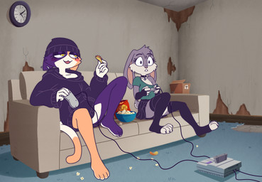 4_toes anthro barefoot beanie bottomwear bowl casual_clothing cheek_tuft clothed clothing collar container controller countershade_feet countershading cracked_wall duo electronics eyebrows facial_markings facial_tuft feet female female/female fingerless_gloves fluffy fluffy_tail food footwear fur furniture game_console gloves grey_body grey_fur handwear hat head_markings headgear headwear hoodie inner_ear_fluff inside jewelry legwear living_room long_ears markings medium_fur messy_room muzzle_(marking) necklace nosefur pawpads paws peeling_wall plantigrade popcorn purple_body purple_fur retro_game_controller shirt short_fur shorts sitting snack_food socks sofa t-shirt tail thigh_highs toeless_footwear toeless_socks toes topwear tuft tv_game visible_pawpads visible_tail white_body white_fur wired_controller bearyboo epic_games fortnite nintendo super_nintendo meow_skulls violet_bunny domestic_cat felid feline felis lagomorph leporid mammal rabbit absurd_res hi_res