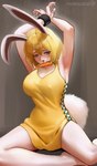 anthro big_breasts blonde_hair breasts carrot carrot_in_mouth clothed clothing cotton_tail dress female fluffy fluffy_tail food hair hands_above_head long_ears nipple_outline plant solo sundress tail vegetable yellow_clothing yellow_dress kirani_kavaimi_rin one_piece carrot_(one_piece) lagomorph leporid mammal minkmen_(one_piece) rabbit absurd_res hi_res