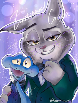 anthro blue_body blue_scales bow_tie clothing duo feral fur grey_body grey_fur male scales simple_background smile suit kyyyyon_10_14 disney zootopia gary_de'snake pawbert_lynxley canada_lynx felid feline lynx mammal pit_viper reptile scalie snake viper 3:4 hi_res