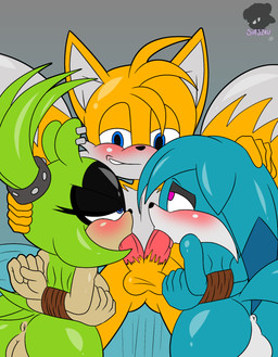 2_penises accessory anthro anus arms_tied balls bed big_butt bilateral_fellatio bilateral_penetration bisexual blue_body blue_eyes blue_fur blush both_sexes_in_same_situation bound butt collaborative collaborative_fellatio collaborative_oral collaborative_sex countershade_face countershading diphallism ear_piercing fellatio female floppy_ears fur furniture genitals green_body green_hair group group_sex hair hair_accessory hair_tie half-closed_eyes horizontal_diphallism jack_and_jill looking_at_another looking_pleasured male male/female male/male mmf multi_genitalia multi_penis narrowed_eyes oral penile penis piercing pose purple_eyes sex studded_hair_tie threesome tied_hair tomboy vulva yellow_body yellow_fur sirjzau idw_publishing sega sonic_the_hedgehog_(comics) sonic_the_hedgehog_(idw) sonic_the_hedgehog_(series) kitsunami_the_fennec miles_prower surge_the_tenrec afrosoricid canid canine canis domestic_dog fennec_fox fox hybrid lesser_hedgehog_tenrec mammal red_fox tenrec true_fox 2022 digital_media_(artwork) hi_res pinup