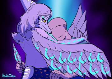 abstract_background anthro bald bodypaint bone_frill canon_couple clothed clothed_female clothed_male clothing dancing duo feathered_wings feathers female frill_(anatomy) grey_body grey_feathers grey_hair hair half-closed_eyes happy hug human_on_anthro interspecies long_hair looking_at_another male male/female markings narrowed_eyes orange_eyes romantic romantic_couple short_tail smile striped_markings stripes tail text wings bigboitony cavemanon_studios goodbye_volcano_high ko_op_(game_developer) snoot_game anon_(snoot_game) fang_(gvh) human mammal prehistoric_species pterosaur reptile scalie absurd_res artist_name colored hi_res shaded