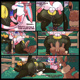 anal anal_penetration anthro anus balls big_balls big_breasts big_butt blush blush_lines bodily_fluids breasts brown_body brown_fur butt cum cum_in_ass cum_in_vagina cum_inside dialogue ejaculation fangs female female_penetrated feral foreplay forest forest_background fur genital_fluids genitals group horn intersex intersex/male male moan nature nature_background nude onomatopoeia open_mouth penetration plant plap puffy_anus smile sound_effects spiral spiral_eyes stuck_in_fence sunset sweat sweatdrop tail teeth text thick_thighs tongue tongue_out tree trio unconscious vaginal vaginal_penetration wide_hips snappy_snaz nintendo pokemon honeypop bovid caprine eevee eeveelution generation_1_pokemon generation_6_pokemon goat mammal pokemon_(species) sylveon 1:1 2025 colored comic digital_drawing_(artwork) digital_media_(artwork) digital_painting_(artwork) english_text hi_res painting_(artwork) shaded signature trans_(lore) trans_woman_(lore)