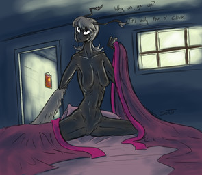 antennae_(anatomy) bed_sheet bedding bedroom breasts dark_body dark_room eye_bags female light navel nude pillow sagging_breasts slim solo sunlight text window wrinkles serth hangmoss cryptid absurd_res hi_res