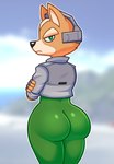 anthro big_butt bodysuit bubble_butt butt clothing crossed_arms femboy fur green_eyes headgear jacket looking_back male rear_view skinsuit solo tailless tan_body tan_fur tight_clothing topwear acstlu nintendo star_fox fox_mccloud canid canine fox mammal 2022 absurd_res hi_res