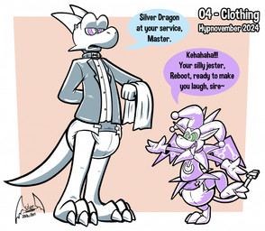 3_toes anthro biped brainwashing butler butler_outfit claws clean_diaper clothed clothing collar control_collar cross-eyed dialogue diaper digit_ring duo feet fool's_hat gloves half-closed_eyes handwear hat headgear headwear horn hypnosis jester jester_outfit jewelry latex latex_clothing latex_handwear latex_topwear male mind_control narrowed_eyes open_mouth open_smile power_symbol ring ringed_eyes sharp_teeth silly simple_background size_difference smile speech_bubble standing suit_and_tie teeth text toe_claws toe_ring toes tongue tongue_out toony topwear usb_tail wearing_diaper wings soul-silver-dragon hypnovember2024 mythology reboot_(soul-silver-dragon) soul-silver-dragon_(character) dragon imp mythological_creature mythological_scalie scalie 2024 digital_media_(artwork) english_text hi_res signature