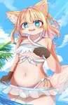 5_fingers anthro bikini biped blonde_hair blue_eyes bottomwear breasts brown_body brown_fur camel_toe clothed clothing collarbone cute_fangs fangs female fingers fluffy fluffy_tail fur gloves_(marking) hair inner_ear_fluff kemono markings navel one_fang open_mouth open_smile orange_body orange_fur outside partially_submerged pear-shaped_figure sea skirt sky small_breasts smile solo star_eyes swimwear tail tan_body tan_fur teeth thick_thighs translucent translucent_bottomwear translucent_clothing translucent_skirt translucent_swimwear tuft two-piece_swimsuit wardrobe_malfunction water white_bikini white_clothing white_swimwear wide_hips young kitsunenomiya canid canine fox mammal 2024 absurd_res hi_res