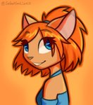 anthro blue_clothing blue_eyes clothed clothing eye_through_hair female fur hair halter_top looking_at_viewer looking_back orange_hair outline ponytail simple_background smile solo tan_body tan_fur translucent translucent_hair eyeball6300_(chiv) dust:_an_elysian_tail ginger_(elysian_tail) domestic_cat felid feline felis mammal bust_portrait digital_media_(artwork) digital_painting_(artwork) headshot_portrait hi_res orange_theme painting_(artwork) portrait warm_colors