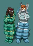 anthro bdsm bondage bound duo female male male/female restraints snowsuit straitjacket pufferoverrun canid canine canis domestic_dog fox mammal hi_res