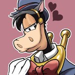 anthro black_eyes bow_tie clothed clothing gloves half-closed_eyes handwear happy hat headgear headwear heart_symbol looking_at_viewer male narrowed_eyes pink_background pink_ears simple_background smile solo standing suit natsu-nori disney horace_horsecollar equid equine horse mammal low_res