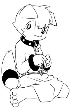 anthro barefoot biped bottomwear bound clothed clothing collar cuff_(restraint) feet front_view hands_tied harness looking_away male nervous nipples restraints skirt solo submissive submissive_male topless young young_anthro young_male manmosu_marimo slave_pup_(marimo) canid canine canis domestic_dog mammal 2015 digital_media_(artwork) greyscale monochrome