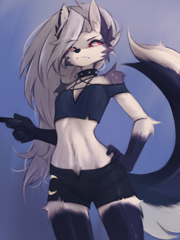 5_fingers anthro biped bottomwear breasts clothed clothed_anthro clothed_female clothing collar ear_piercing female fingers front_view fully_clothed fully_clothed_anthro fully_clothed_female fur grey_body grey_fur grey_hair grey_tail hair hand_on_hip hand_on_own_hip holding_object inner_ear_fluff looking_at_viewer navel piercing red_sclera simple_background small_breasts solo spiked_collar spikes standing tail topwear tuft white_eyes tinygaypirate hellaverse helluva_boss mythology loona_(helluva_boss) canid canid_demon canine demon hellhound mammal mythological_canine mythological_creature 2025 3:4 digital_drawing_(artwork) digital_media_(artwork) hi_res