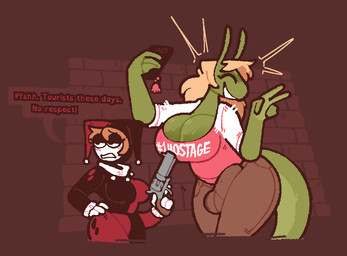 anthro balls big_breasts big_bulge big_butt big_penis biped blonde_hair breasts bulge butt clothed clothing detailed_bulge dialogue duo erection erection_under_clothing erection_under_pants female female_human fully_clothed genital_outline genitals gun gunpoint gynomorph gynomorph/female gynomorph_anthro hair handgun huge_breasts intersex intersex/female intersex_anthro larger_gynomorph larger_intersex penis penis_outline ranged_weapon revolver size_difference smaller_female tail taking_picture text thick_thighs weapon wide_hips xenopavilia batman_(series) dc_comics harley_quinn pavizi_(xenopavilia) alien human mammal 2025 digital_media_(artwork) english_text trans_(lore) trans_woman_(lore)