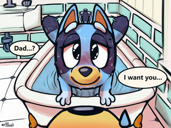 anthro bath bathing bathroom bedroom_eyes blue_body blue_fur blush bodily_fluids dialogue duo eyelashes female first_person_view fur implied_incest inviting loli looking_at_viewer looking_up looking_up_at_viewer male male/female narrowed_eyes romantic seductive sink smile sweat tail tail_motion tailwag text water wet young young_anthro nottrevbe bluey_(series) doabb_(deltaflame) dreams_of_a_beautiful_blue_(deltaflame) bandit_heeler bluey_heeler australian_cattle_dog canid canine canis cattledog domestic_dog herding_dog mammal pastoral_dog 2022 4:3 english_text hi_res story story_in_description watermark daughter_(lore) father_(lore) father_and_child_(lore) father_and_daughter_(lore) parent_(lore) parent_and_child_(lore) parent_and_daughter_(lore)