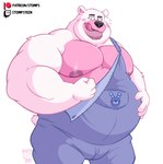 anthro belly biceps big_belly big_muscles big_pecs clothed clothing eyebrows flexing fur hand_on_belly licking licking_lips licking_own_lips looking_at_viewer male musclegut muscular muscular_anthro muscular_male nipples obese obese_anthro obese_male overalls overalls_only overweight overweight_anthro overweight_male pecs simple_background smile solo standing text tongue tongue_out tuft white_background stompsyeen five_nights_at_freddy's patreon scottgames sister_location twitch.tv funtime_freddy_(fnafsl) bear mammal 2023 hi_res url