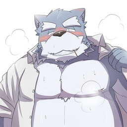 anthro belly blush bodily_fluids clothed clothing kemono male musk open_clothing open_shirt open_topwear overweight overweight_anthro overweight_male shirt simple_background solo sweat topwear white_background emufu canid canine canis domestic_dog mammal 1:1 2015