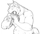 anthro duo feet_first forced holding_prey horse_tail looking_back male male/male multiple_prey nude_pred nude_prey partially_inside prey_in_mouth unwilling_prey vore willing_pred pandottermon equid equine felid horse mammal pantherine tiger 2018 monochrome