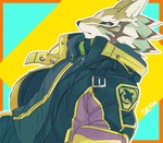 black_sclera brown_body brown_fur clothed clothing fur green_eyes hoodie jacket looking_at_viewer male multicolored_body multicolored_fur solo striped_body striped_fur stripes topwear white_body white_fur izm_rm7 lifewonders tokyo_afterschool_summoners seth_(tas) canid canine canis jackal mammal hi_res