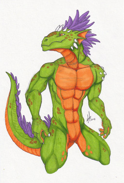 abs anthro arm_spikes cheek_spikes ear_frill facial_spikes facial_spots featureless_crotch frill_(anatomy) front_view green_body head_feathers male male_anthro markings mouth_closed muscular muscular_anthro muscular_male nude orange_body orange_eyes pecs shoulder_spikes simple_background solo spikes spikes_(anatomy) spots spotted_arms spotted_face spotted_legs spotted_markings spotted_shoulders spotted_tail tail tail_markings white_background hufnaar scalie 2018 hi_res portrait three-quarter_portrait