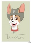 clothing collar cowboy_hat ears_up fangs feral hat headgear headwear looking_at_viewer male open_mouth smile smiling_at_viewer solo teeth text tongue wide_eyed jimfoxx paw_patrol tracker_(paw_patrol) canid canine canis domestic_dog mammal 2021 headshot_portrait hi_res portrait signature