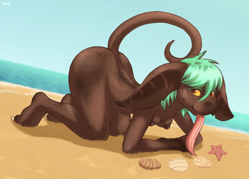 all_fours anthro areola beach breasts feet female fingers hair long_tongue looking_at_viewer nipples nude outdoor_nudity outside sand seaside simple_background smile solo tail toes tongue tongue_out water ruth66 asar digital_media_(artwork) hi_res