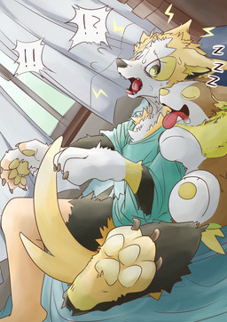 3_toes 5_fingers anthro bed black_body black_fur bodily_fluids bolt_emanata chest_tuft claws clothing curtains duo ears_back emanata exclamation_point fangs feet feral finger_claws fingers fur fur_growth furniture green_clothing green_shirt green_topwear growth human_to_anthro inner_ear_fluff inside interrobang looking_at_another lying male mid_transformation on_back open_mouth pawpads paws pivoted_ears shirt sleeping sound_effects species_transformation surprised sweat tail tail_growth tan_body tan_skin teeth toe_claws toes topwear transformation tuft vowelless vowelless_sound_effect white_body white_fur window yellow_body yellow_eyes yellow_fur yellow_pawpads zzz juutton nintendo pokemon boltund canid canine generation_8_pokemon human mammal pokemon_(species) yamper absurd_res hi_res