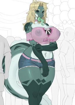 anthro areola big_breasts biped blonde_hair bodily_fluids bottomwear breasts clothed clothing collar female green_body hair larger_female nipples public size_difference sweat thick_thighs tongue tongue_out topwear jingzhou14848 human mammal scalie hi_res