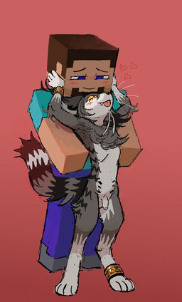 anklet anthro blue_eyes bottomwear bracelet brown_hair canon_x_oc clothed clothing digitigrade duo facial_hair flaccid foreskin front_view fur genitals grey_body grey_fur hair hug hugging_another hugging_from_behind interspecies interspecies_romance jewelry love male male/male micropenis nude_anthro nude_male pants paws penis red_background romantic romantic_couple saggy_foreskin shirt simple_background small_penis standing tongue tongue_out topwear unretracted_foreskin whiskers yellow_sclera worm_(artist) microsoft minecraft mojang xbox_game_studios steve_(minecraft) cube_creature domestic_cat felid feline felis human humanoid mammal