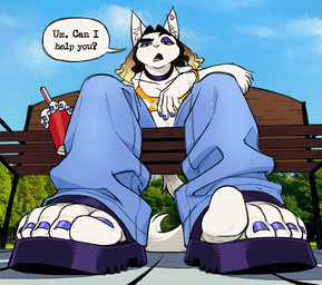 5_toes anthro bench clothing colored_fingernails colored_nails colored_toenails crop_top eyebrows feet fingernails foot_focus footwear humanoid_feet looking_at_viewer low-angle_view micro_pov nails outside plantigrade platform_footwear platform_sandals raised_eyebrow sandals shirt shoes toenails toes topwear silverscarf margarine_(silverscarf) domestic_cat felid feline felis mammal turkish_angora 2025
