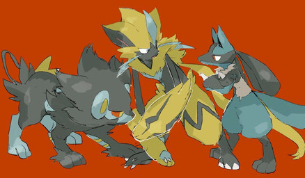ambiguous_gender anthro black_body black_fur blue_body blue_fur eye_contact feral fur group looking_at_another mane spines trio whiskers yellow_body yellow_fur 0069_1111 nintendo pokemon canid canine felid generation_4_pokemon generation_7_pokemon legendary_pokemon lucario luxray mammal pokemon_(species) zeraora
