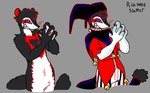 anthro bell bright_colors chest_tuft clothed clothing eye_contact fluffy fluffy_tail fool's_hat hat headgear headwear looking_at_another looking_at_viewer male red_clothing solo tail tuft bigwetslapper clown_(bigwetslapper) mammal mustelid musteline true_musteline weasel hi_res