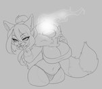 anthro big_breasts breasts disembodied_head female fire flaming_neck holding_head huge_breasts navel simple_background smile solo standing thick_thighs wide_hips jinx_doodle european_mythology irish_mythology mythology jess_lockhart domestic_cat dullahan felid feline felis mammal hi_res monochrome