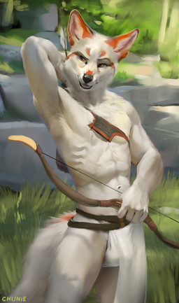 5_fingers abs anthro armpit_hair arrow_(weapon) athletic athletic_anthro athletic_male body_hair bottomwear bow_(weapon) bulge clothed clothing detailed_background fingers fur holding_object holding_weapon loincloth loincloth_only looking_aside looking_away male navel orange_body orange_fur outside ranged_weapon red_body red_fur solo standing topless tribal weapon whiskers white_body white_fur chunie arctic_fox canid canine fox mammal true_fox 2019 adobe_photoshop_(artwork) digital_media_(artwork) digital_painting_(artwork) hi_res painting_(artwork)