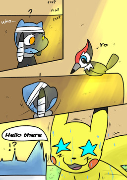 3_panel_comic ambiguous_gender anthro bandage beak black_text blue_eyes cheek_spots day dialogue ellipsis exclamation_point eyebrows feathered_wings feathers feral grass group light looking_at_another motion_lines mouth_closed open_mouth orange_eyes plant pupils question_mark sound_effects speech_bubble star_eyes sunlight tail tail_feathers talking_to_another text tongue trio wall_(structure) wet white_sclera white_text wings yellow_body yellow_tail sawlamander nintendo pokemon pokemon_mystery_dungeon spike_chunsoft avian bird generation_1_pokemon generation_4_pokemon generation_7_pokemon piciform pikachu pikipek pokemon_(species) riolu 2025 comic english_text hi_res