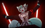 anthro armband black_bars blue_body blue_fur broken_heart clothing cosplay duo electronics fur fur_markings gloves handwear headphones jacket male markings microphone microphone_stand open_mouth spread_arms standing teeth tongue topwear white_body white_fur yelling lolzneo project_diva unhappy_refrain vocaloid hatsune_miku roflfox canid canine fox mammal 2025 digital_media_(artwork) hi_res letterbox