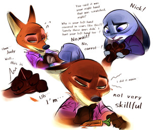 anthro bandage bodily_fluids brown_body brown_fur carrot_pen clothed clothing dialogue duo female fur green_eyes long_ears male male/female multicolored_body multicolored_fur narrowed_eyes orange_body orange_fur purple_eyes simple_background sweat sweatdrop tan_body tan_fur teeth text nibkman0304 disney zootopia judy_hopps nick_wilde canid canine european_rabbit fox lagomorph leporid mammal oryctolagus rabbit red_fox true_fox english_text hi_res