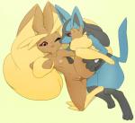 3_fingers 3_toes ambiguous_gender anthro areola big_ears black_body black_fur black_sclera blue_body blue_fur breasts brown_body brown_fur duo feet female female/ambiguous fingers fur genitals half-closed_eyes hand_on_head hand_on_leg inner_ear_fluff lying multicolored_body multicolored_fur narrowed_eyes navel nipples nude one_eye_closed one_leg_up open_mouth open_smile pink_eyes pink_nose pussy raised_leg red_eyes simple_background small_breasts smile spikes tail teeth toes tuft white_background yellow_body yellow_fur masterploxy nintendo pokemon canid canine generation_4_pokemon lagomorph lopunny lucario mammal pokemon_(species) 2017