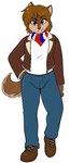 anthro bomber_jacket boots bottomwear brown_body brown_eyes brown_fur brown_hair brown_nose clothed clothing denim denim_bottomwear denim_clothing footwear fur hair jacket jeans kerchief male pants shirt shoes smile solo standing tail teeth topwear skidd the_servant_omen jonah_striker canid canine canis mammal wolf 2017