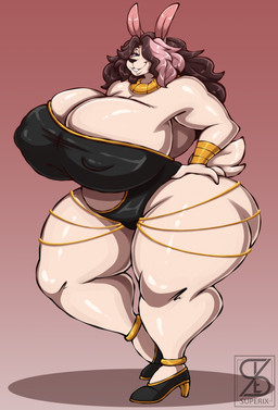 anthro big_breasts big_butt biped breasts butt clothed clothing eyelashes female fingers footwear hair hair_over_eye high_heels huge_breasts huge_butt huge_thighs hyper hyper_breasts looking_at_viewer nipple_outline pupils shoes simple_background smile solo thick_thighs three-quarter_view wide_hips superix lagomorph leporid mammal rabbit hi_res