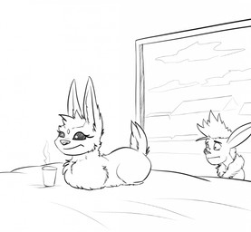 anthro beverage container cup duo female fur loaf lying on_front smile tail window zafara_(artist) fate_(zafara) alien evros digital_drawing_(artwork) digital_media_(artwork) hi_res monochrome sketch
