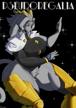 5_fingers accessory anthro antlers armwear big_breasts big_butt black_armwear black_clothing black_gloves black_handwear black_legwear bracelet breasts butt cloak clothed clothing crotch_tuft eyebrows featureless_crotch female fingerless_gloves fingers gloves grey_eyes grey_hair hair hair_accessory hairband half-closed_eyes handwear horn huge_breasts huge_butt huge_thighs humanoid_hands jewelry legwear muscular muscular_anthro muscular_female narrowed_eyes pantsless pose pupils solo star text thick_eyebrows thick_thighs tight_clothing tuft white_cloak white_clothing wide_hips yellow_antlers yellow_clothing yellow_legwear nicoguer pseudoregalia sybil_(pseudoregalia) bovid caprine goat mammal 2025 absurd_res hi_res